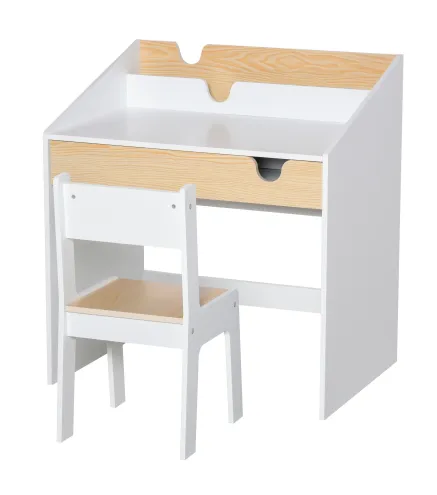 Escritorio para Niños con Silla de 3 a 6 Años con Cajón y Estante para Libros 70x50x75 cm Blanco y Natural