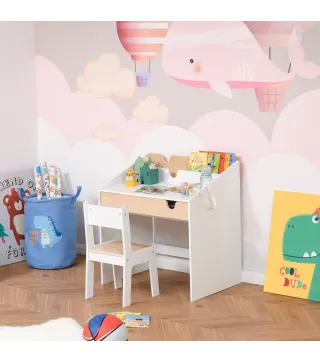 Escritorio para Niños con Silla de 3 a 6 Años con Cajón y Estante para Libros 70x50x75 cm Blanco y Natural
