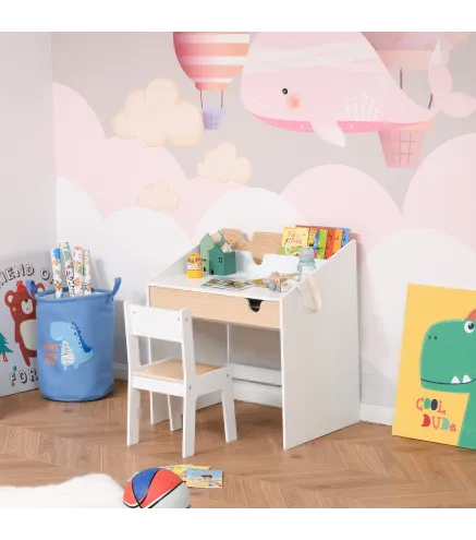 Escritorio para Niños con Silla de 3 a 6 Años con Cajón y Estante para Libros 70x50x75 cm Blanco y Natural