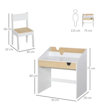 Escritorio para Niños con Silla de 3 a 6 Años con Cajón y Estante para Libros 70x50x75 cm Blanco y Natural