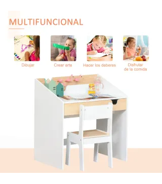 Escritorio para Niños con Silla de 3 a 6 Años con Cajón y Estante para Libros 70x50x75 cm Blanco y Natural