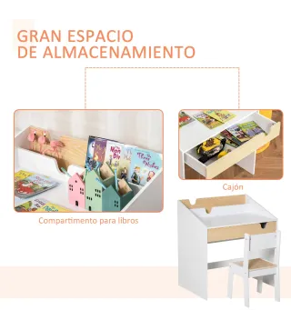 Escritorio para Niños con Silla de 3 a 6 Años con Cajón y Estante para Libros 70x50x75 cm Blanco y Natural