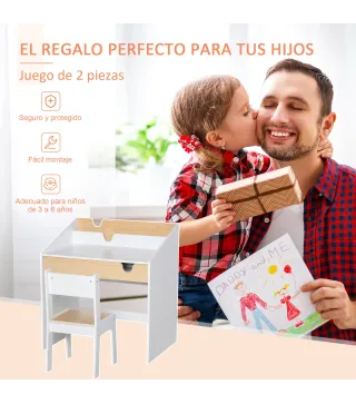Escritorio para Niños con Silla de 3 a 6 Años con Cajón y Estante para Libros 70x50x75 cm Blanco y Natural