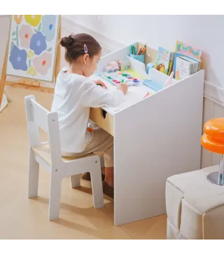 Escritorio para Niños con Silla de 3 a 6 Años con Cajón y Estante para Libros 70x50x75 cm Blanco y Natural
