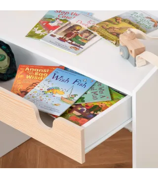 Escritorio para Niños con Silla de 3 a 6 Años con Cajón y Estante para Libros 70x50x75 cm Blanco y Natural