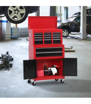 Carro de Herramientas con Baúl Superior 6 Cajones Armario Cerradura 4 Ganchos para Garaje Hogar Rojo