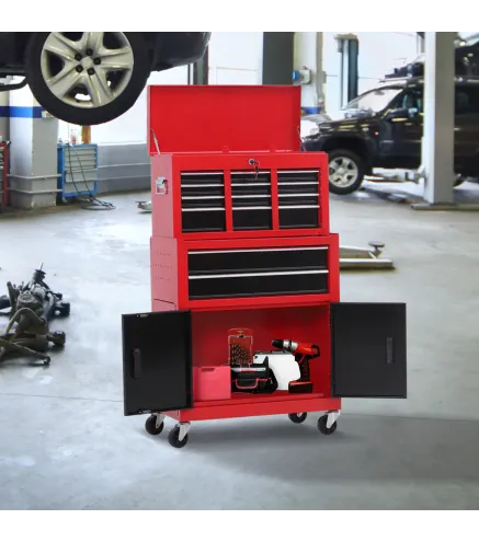 Carro de Herramientas con Baúl Superior 6 Cajones Armario Cerradura 4 Ganchos para Garaje Hogar Rojo