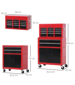 Carro de Herramientas con Baúl Superior 6 Cajones Armario Cerradura 4 Ganchos para Garaje Hogar Rojo