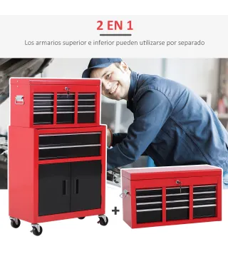 Carro de Herramientas con Baúl Superior 6 Cajones Armario Cerradura 4 Ganchos para Garaje Hogar Rojo