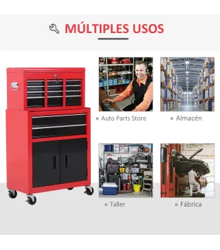 Carro de Herramientas con Baúl Superior 6 Cajones Armario Cerradura 4 Ganchos para Garaje Hogar Rojo