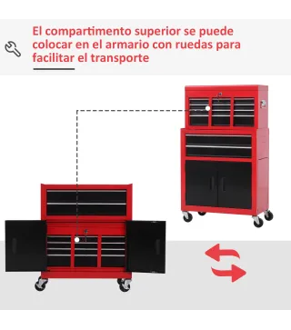 Carro de Herramientas con Baúl Superior 6 Cajones Armario Cerradura 4 Ganchos para Garaje Hogar Rojo