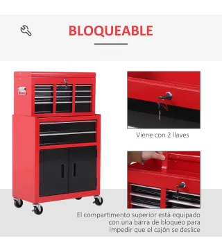 Carro de Herramientas con Baúl Superior 6 Cajones Armario Cerradura 4 Ganchos para Garaje Hogar Rojo
