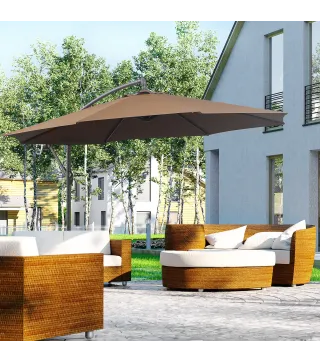 Sombrilla de Jardín Ø295 cm Parasol Excéntrico Inclinable con Manivela Base Cruzada y Soporte de Acero Café