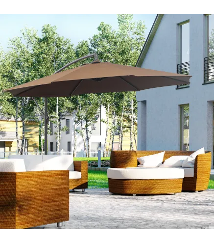 Sombrilla de Jardín Ø295 cm Parasol Excéntrico Inclinable con Manivela Base Cruzada y Soporte de Acero Café