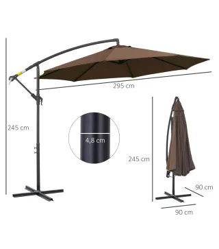 Sombrilla de Jardín Ø295 cm Parasol Excéntrico Inclinable con Manivela Base Cruzada y Soporte de Acero Café
