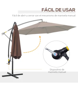 Sombrilla de Jardín Ø295 cm Parasol Excéntrico Inclinable con Manivela Base Cruzada y Soporte de Acero Café