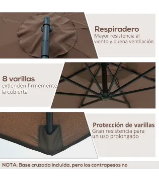 Sombrilla de Jardín Ø295 cm Parasol Excéntrico Inclinable con Manivela Base Cruzada y Soporte de Acero Café