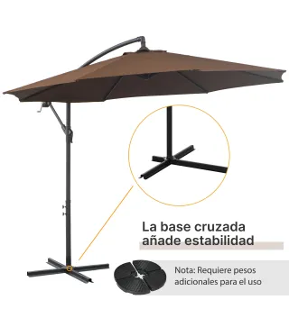 Sombrilla de Jardín Ø295 cm Parasol Excéntrico Inclinable con Manivela Base Cruzada y Soporte de Acero Café
