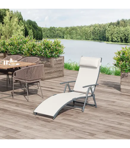Tumbona de Jardín Plegable con Respaldo Ajustable en 7 Niveles Almohada y Reposabrazos 137x63,5x100,5 cm Beige