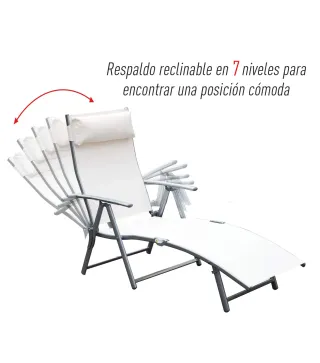 Tumbona de Jardín Plegable con Respaldo Ajustable en 7 Niveles Almohada y Reposabrazos 137x63,5x100,5 cm Beige