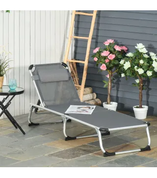 Tumbona Plegable Reclinable de Aluminio con Reposacabezas Extraíble y Respaldo Transpirable Ajustable en 4 Posiciones para Jardí