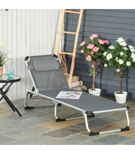 Tumbona Plegable Reclinable de Aluminio con Reposacabezas Extraíble y Respaldo Transpirable Ajustable en 4 Posiciones para Jardí
