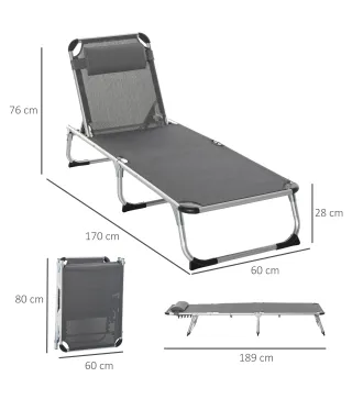 Tumbona Plegable Reclinable de Aluminio con Reposacabezas Extraíble y Respaldo Transpirable Ajustable en 4 Posiciones para Jardí
