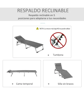 Tumbona Plegable Reclinable de Aluminio con Reposacabezas Extraíble y Respaldo Transpirable Ajustable en 4 Posiciones para Jardí