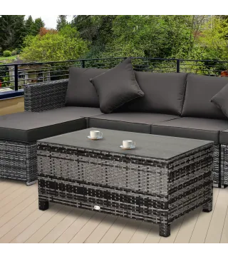 Mesa Exterior Terraza de Ratán Sintético Mesa Auxiliar con Vidrio Templado para Terraza Patio Balcón 85x50x39 cm Gris