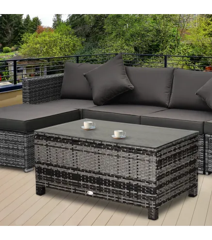 Mesa Exterior Terraza de Ratán Sintético Mesa Auxiliar con Vidrio Templado para Terraza Patio Balcón 85x50x39 cm Gris