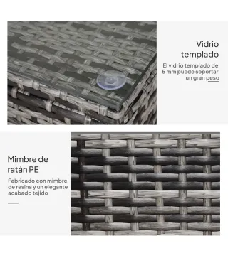 Mesa Exterior Terraza de Ratán Sintético Mesa Auxiliar con Vidrio Templado para Terraza Patio Balcón 85x50x39 cm Gris