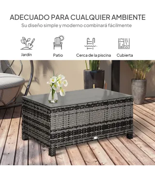 Mesa Exterior Terraza de Ratán Sintético Mesa Auxiliar con Vidrio Templado para Terraza Patio Balcón 85x50x39 cm Gris