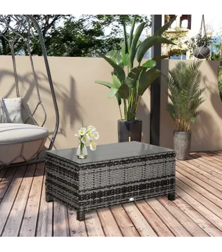 Mesa Exterior Terraza de Ratán Sintético Mesa Auxiliar con Vidrio Templado para Terraza Patio Balcón 85x50x39 cm Gris