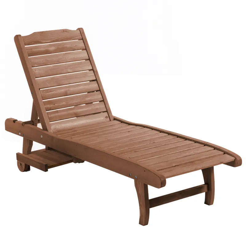 Tumbona de Madera Exterior Silla Reclinable de Jardín con 2 Ruedas Respaldo Ajustable y 1 Bandeja Carga 113 kg Natural