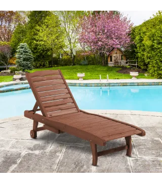 Tumbona de Madera Exterior Silla Reclinable de Jardín con 2 Ruedas Respaldo Ajustable y 1 Bandeja Carga 113 kg Natural