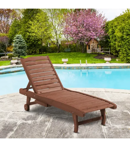 Tumbona de Madera Exterior Silla Reclinable de Jardín con 2 Ruedas Respaldo Ajustable y 1 Bandeja Carga 113 kg Natural