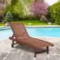 Tumbona de Madera Exterior Silla Reclinable de Jardín con 2 Ruedas Respaldo Ajustable y 1 Bandeja Carga 113 kg Natural