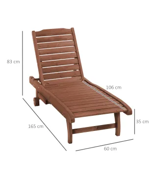 Tumbona de Madera Exterior Silla Reclinable de Jardín con 2 Ruedas Respaldo Ajustable y 1 Bandeja Carga 113 kg Natural