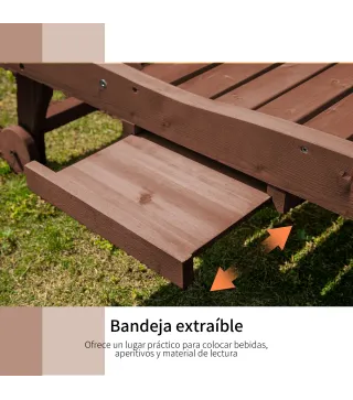 Tumbona de Madera Exterior Silla Reclinable de Jardín con 2 Ruedas Respaldo Ajustable y 1 Bandeja Carga 113 kg Natural
