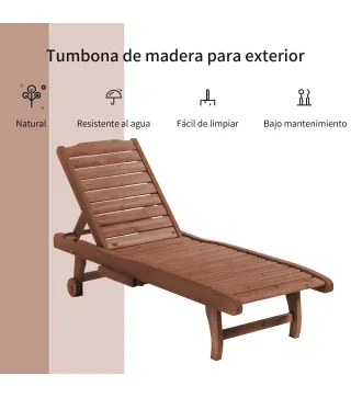 Tumbona de Madera Exterior Silla Reclinable de Jardín con 2 Ruedas Respaldo Ajustable y 1 Bandeja Carga 113 kg Natural