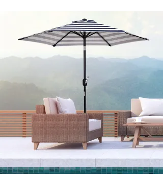 Sombrilla de Jardín Ø230x216 cm con Apertura Manual Ángulo Ajustable e Impermeable para Terraza Piscina Azul y Blanco