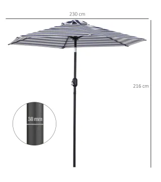 Sombrilla de Jardín Ø230x216 cm con Apertura Manual Ángulo Ajustable e Impermeable para Terraza Piscina Azul y Blanco
