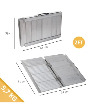 Rampa para Sillas de Ruedas Plegable 61 cm Carga 270 kg Rampa Portátil de Aluminio con Bordes de Seguridad Plata