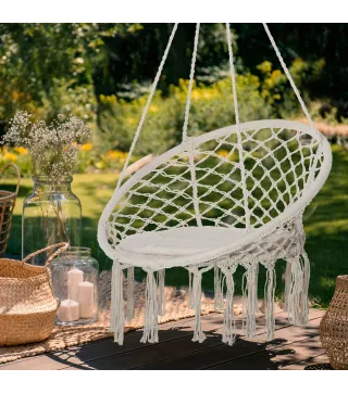 Silla Colgante Redondo de Ø60 cm Silla Hamaca Columpio con Cojín y Cuerda de Algodón para Interior y Exterior Carga 120 kg 80x80