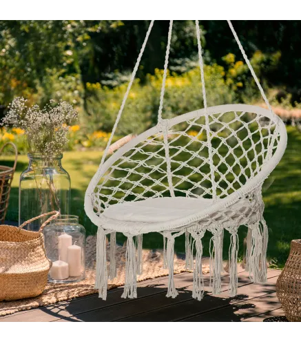 Silla Colgante Redondo de Ø60 cm Silla Hamaca Columpio con Cojín y Cuerda de Algodón para Interior y Exterior Carga 120 kg 80x80