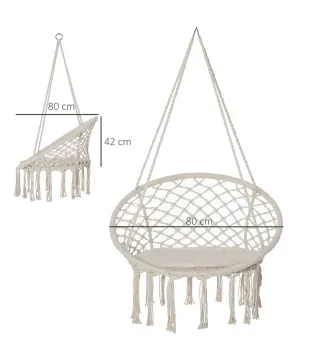 Silla Colgante Redondo de Ø60 cm Silla Hamaca Columpio con Cojín y Cuerda de Algodón para Interior y Exterior Carga 120 kg 80x80