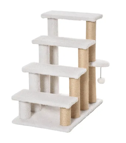 Escalera para Gatos de 4 Niveles Cubierto de Suave Felpa Poste de Yute Bola Colgante 60x40x64 cm Blanco