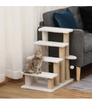 Escalera para Gatos de 4 Niveles Cubierto de Suave Felpa Poste de Yute Bola Colgante 60x40x64 cm Blanco
