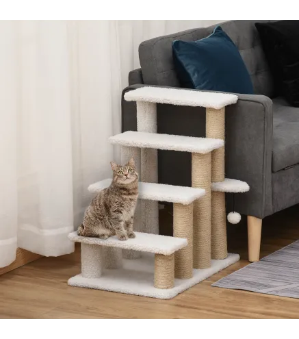 Escalera para Gatos de 4 Niveles Cubierto de Suave Felpa Poste de Yute Bola Colgante 60x40x64 cm Blanco