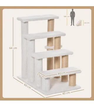 Escalera para Gatos de 4 Niveles Cubierto de Suave Felpa Poste de Yute Bola Colgante 60x40x64 cm Blanco